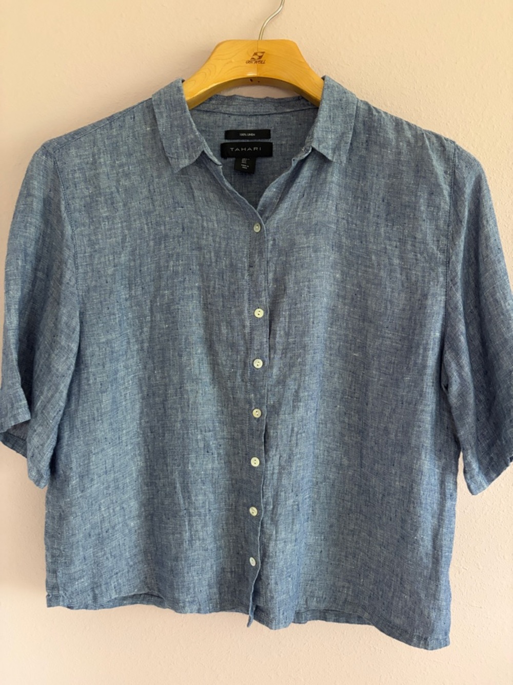 Tahari Blue Linen Short-Sleeve Button-Down Shirt size L